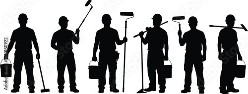 Painter silhouette set, construction workers, painting tools, hard hats, paint rollers, buckets, black vector art, isolated design, labor icon