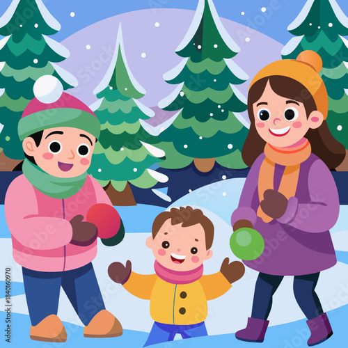 Winter Fun: Family Playing in the Snow