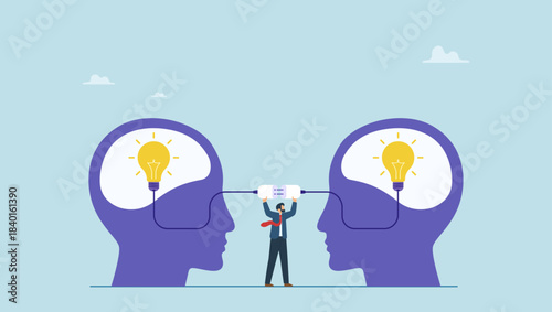 Businessman connect to bright up lightbulb idea on human head. Communication for success, connect idea or understanding, agreement or solving problem together, cooperation or collaboration.