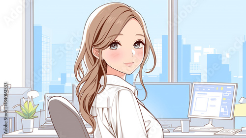笑顔でデスクワークに取り組む若いビジネスウーマン｜明るいオフィスの雰囲気を伝えるアニメ風イラスト素材｜ビジネス、仕事、企業、キャリア、働く、職場、事務、女性、社内環境に使いやすい