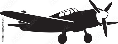 Black silhouette of a vintage propeller airplane in flight with landing gear down aircraft