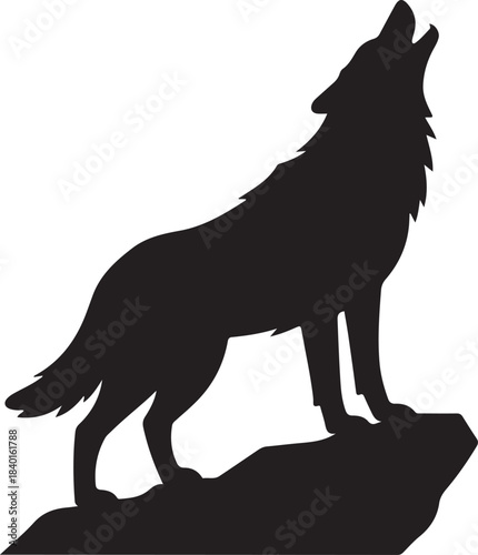 Black silhouette of a wolf howling on a rock against a white background vector 1