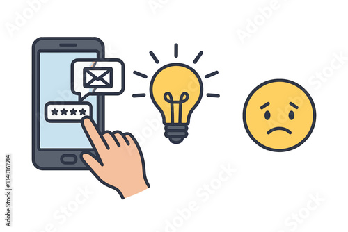 Mobile phone password recovery process with light bulb solution and sad face reaction
