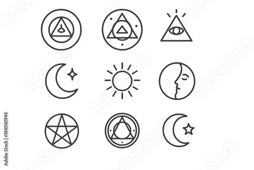 Mystical esoteric symbols set with all-seeing eye, sun, moon, and sacred geometry shapes