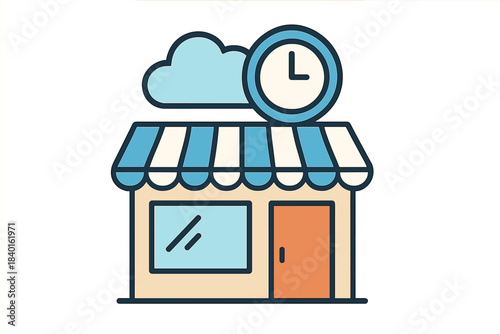 Small retail shop facade with striped awning and clock symbol for business hours