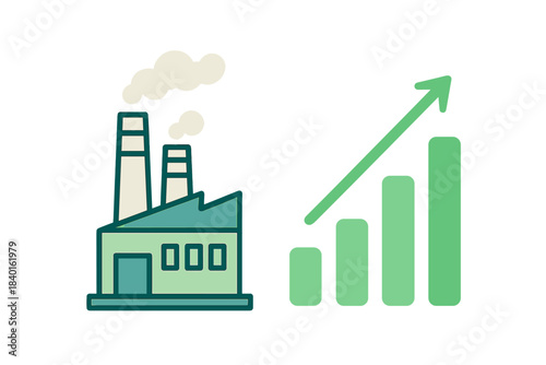Factory building icon next to a rising bar chart symbolizing industrial growth and production increase