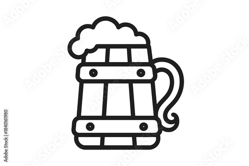 Traditional wooden stein mug filled with cold beer and thick foam, simple black and white line art