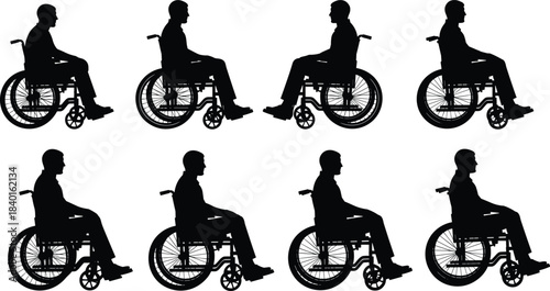 Wheelchair silhouette set, seated figure icons, disability awareness, mobility aid, black vector art, accessibility symbol, isolated design