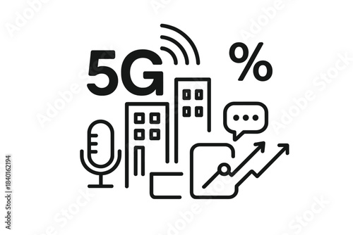 5G network technology concept with urban buildings, communication icons, and business growth symbols