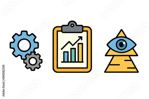 Corporate strategy symbols showing gears, data analysis, report, and vision eye