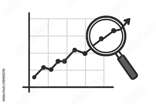 Magnifying glass analyzing a rising line chart symbolizing business growth and financial success
