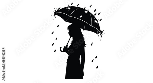 Silhouette of a woman holding umbrella in rain