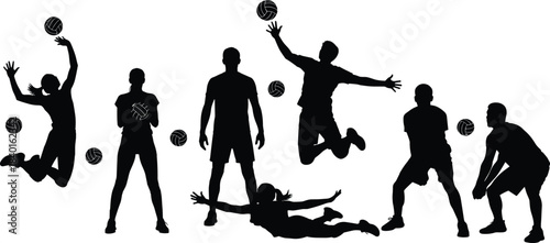 Volleyball player silhouette, action pose, black vector, dynamic motion, athlete movement, serve, spike, block, dive, jump, teamwork, ball in air, isolated 
