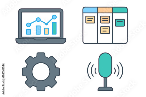 Essential business icons set with data charts, task board, settings, and microphone