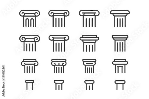 Outline icons set of various architectural columns and ancient classical capitals