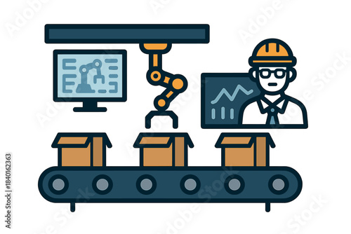 Industrial automation process with robotic arm moving packages on a conveyor belt monitored by a factory engineer