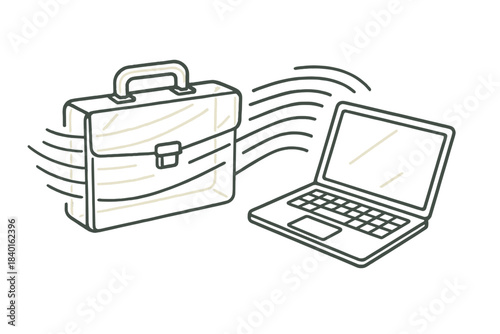 Business briefcase and modern laptop connected by abstract lines symbolizing digital workflow and data transfer