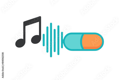 Musical note transforming into sound bars and a medical pill or capsule shape