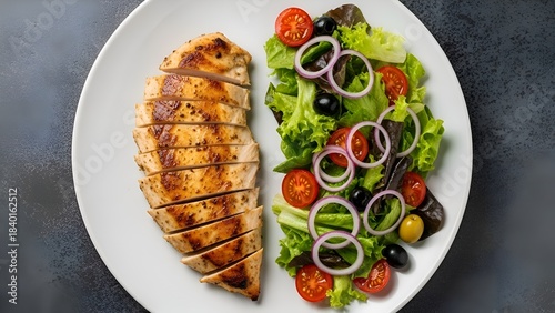 grilled chicken breast with golden char and fresh mixed salad on white plate over dark stone background in modern food photography