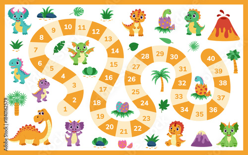 Step by step board game. Maze puzzle of fantasy board games for kids. Dinosaurs concept. Template of strategy boardgame for children.