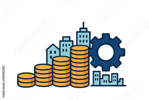 Financial growth stacks of coins next to urban buildings and a large blue gear symbol