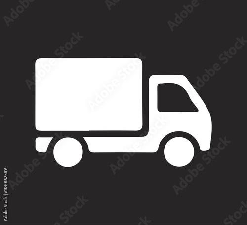 Delivery Truck icon. White  truck icon isolated on black ackground. Express delivery trucks icon. Cargo vehicle and transportation symbols for logistics, shipping services, and freight.