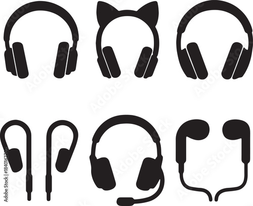 Audio devices: various headphones, earphones, and headset silhouettes