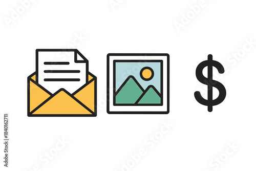 Conceptual icons representing online services communication, visual content, and finance