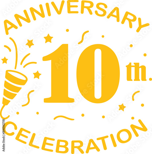 Tenth anniversary celebration design with party popper, stars confetti.