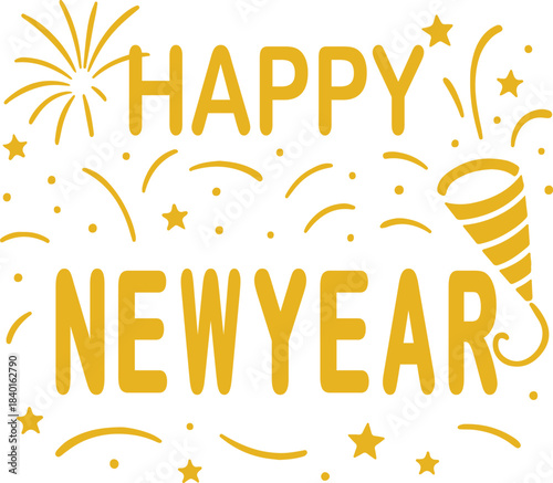 Happy new year graphic design with festive elements and party popper celebration