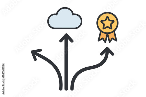Diverging paths and arrows indicating choices toward cloud technology or professional achievement