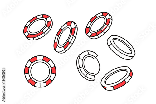 Dynamic arrangement of red and white poker chips falling in mid-air for gaming