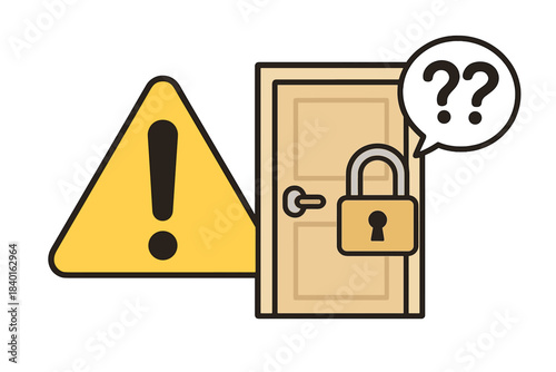 Access restriction concept with a closed door, security padlock, and a yellow warning sign