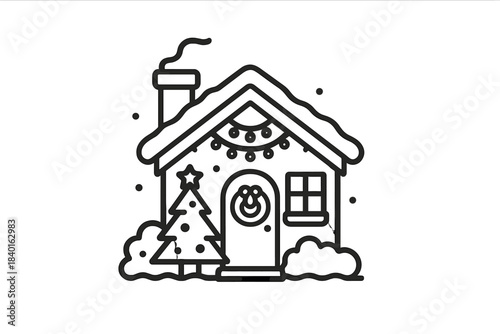 Cozy winter house covered in snow featuring chimney smoke and a decorated outdoor Christmas tree