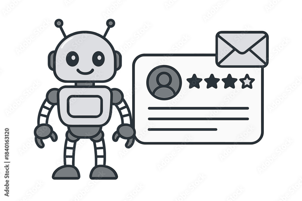 Fototapeta premium Friendly customer service robot providing feedback or review rating on a user profile card