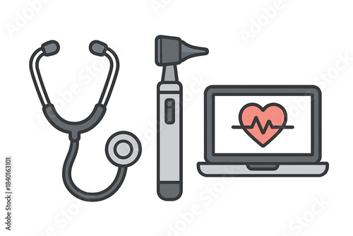 Essential medical diagnostic equipment including stethoscope, otoscope, and digital health monitoring on a laptop screen