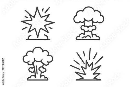 Minimalist outline icons symbolizing explosive events, starbursts, mushroom clouds, and atomic blasts