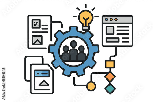 Collaborative business process management diagram showing data flow, ideas, and team structure