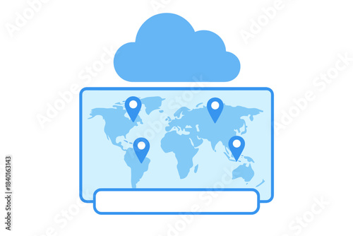 Global network map with location pins and cloud computing data storage symbol