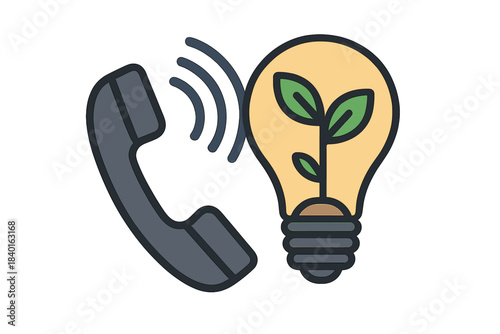 Communication of new ideas and sustainable growth concepts symbolized by phone and lightbulb with plant