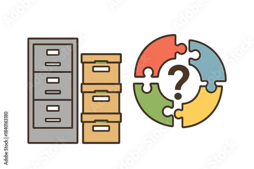 Filing cabinet and archive boxes representing data storage with puzzle and question mark icon