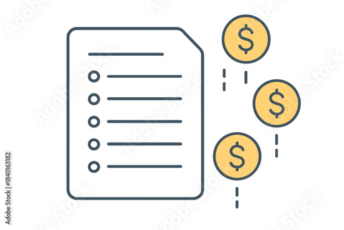 Financial checklist document with rising dollar currency coins representing income and profit growth