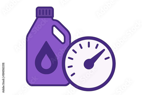 Purple container of lubricant fluid next to a circular gauge indicating speed or performance level