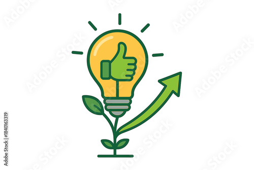 Lightbulb with thumbs up sign growing from a plant stem symbolizing successful eco-friendly business growth and innovation