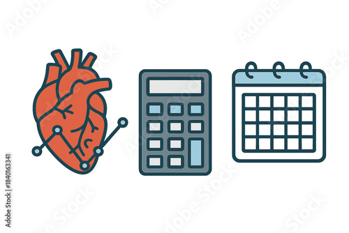 Set of three icons representing human health monitoring, financial calculation, and appointment scheduling