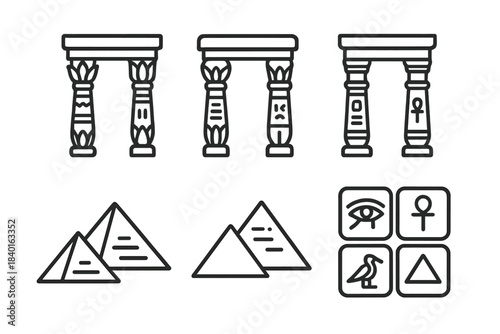 Set of Ancient Egyptian architecture elements, symbols, columns, pyramids, and hieroglyphs