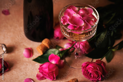 A romantic setup featuring a champagne glass with floating rose petals, a bottle of sparkling wine, and lush pink roses, perfect for a special celebration.