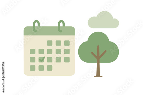 Calendar with checkmark symbolizing scheduled event or task completion next to a stylized tree and cloud