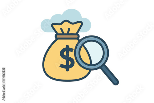 Money bag with dollar sign being examined by a magnifying glass for financial audit