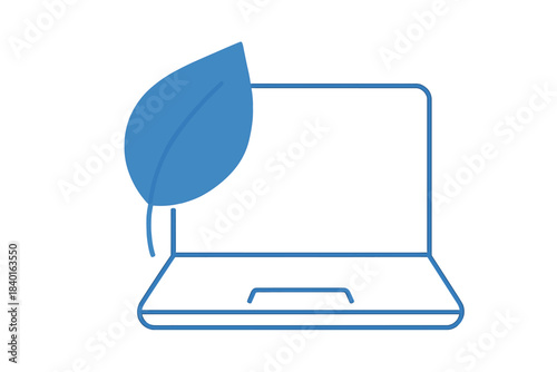 Eco-friendly computing concept featuring a laptop outline and natural leaf symbol
